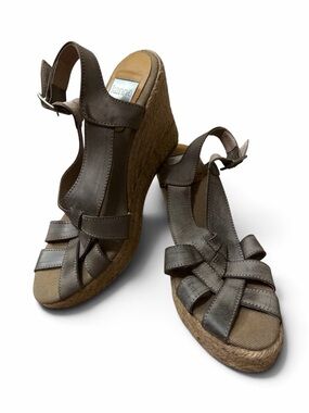 Kanna Made in Spain Metallic Pewter Leather Espadrille Wedge Sandals 39
